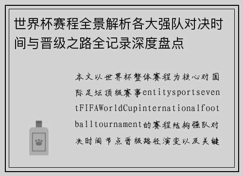 世界杯赛程全景解析各大强队对决时间与晋级之路全记录深度盘点 世界杯赛程全景解析各大强队对决时间与晋级之路全记录深度盘点