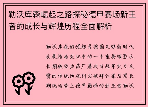 勒沃库森崛起之路探秘德甲赛场新王者的成长与辉煌历程全面解析